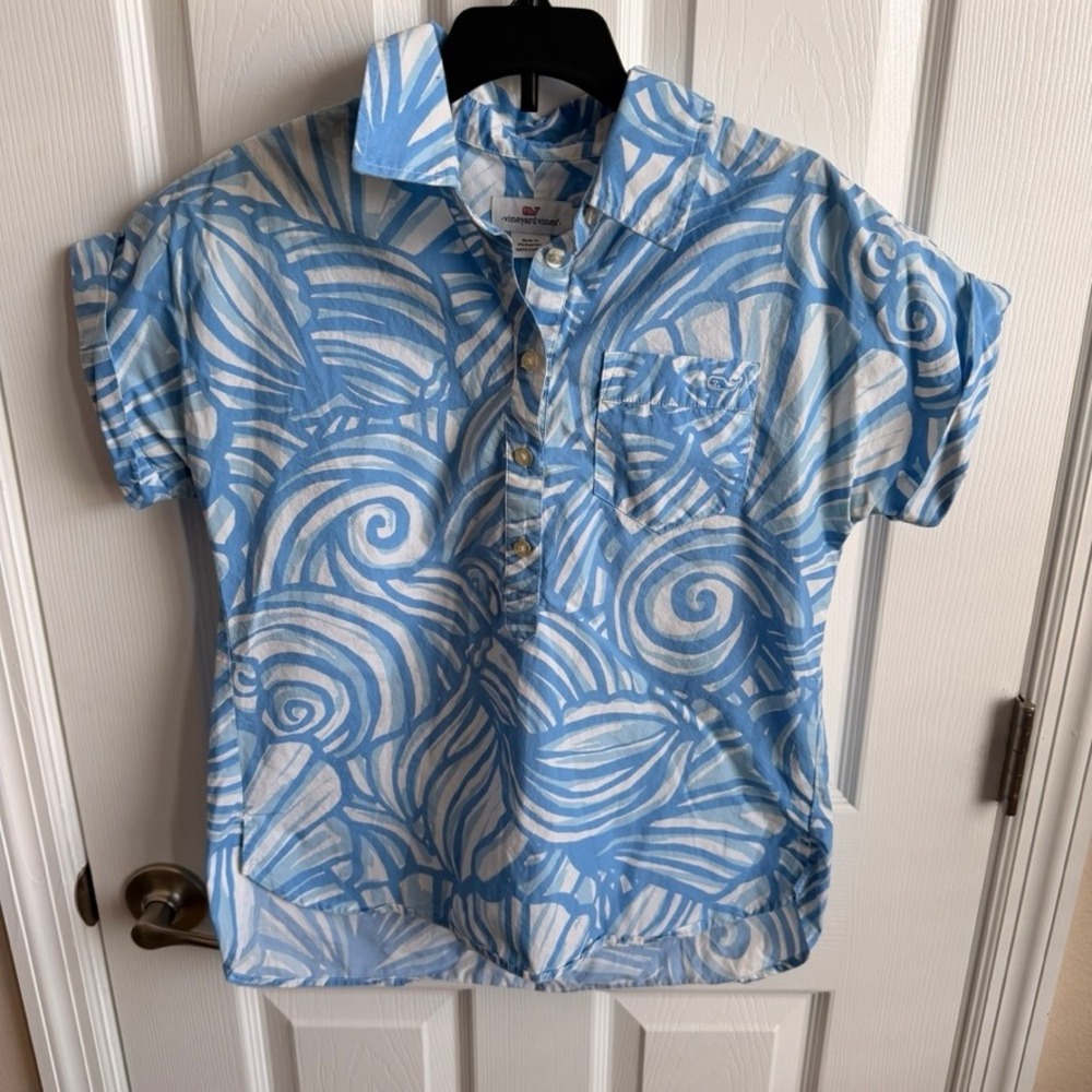 Vineyard‎ Vines Blue White Seashell Swirl Short Sleeve Popover Shirt Womens 0